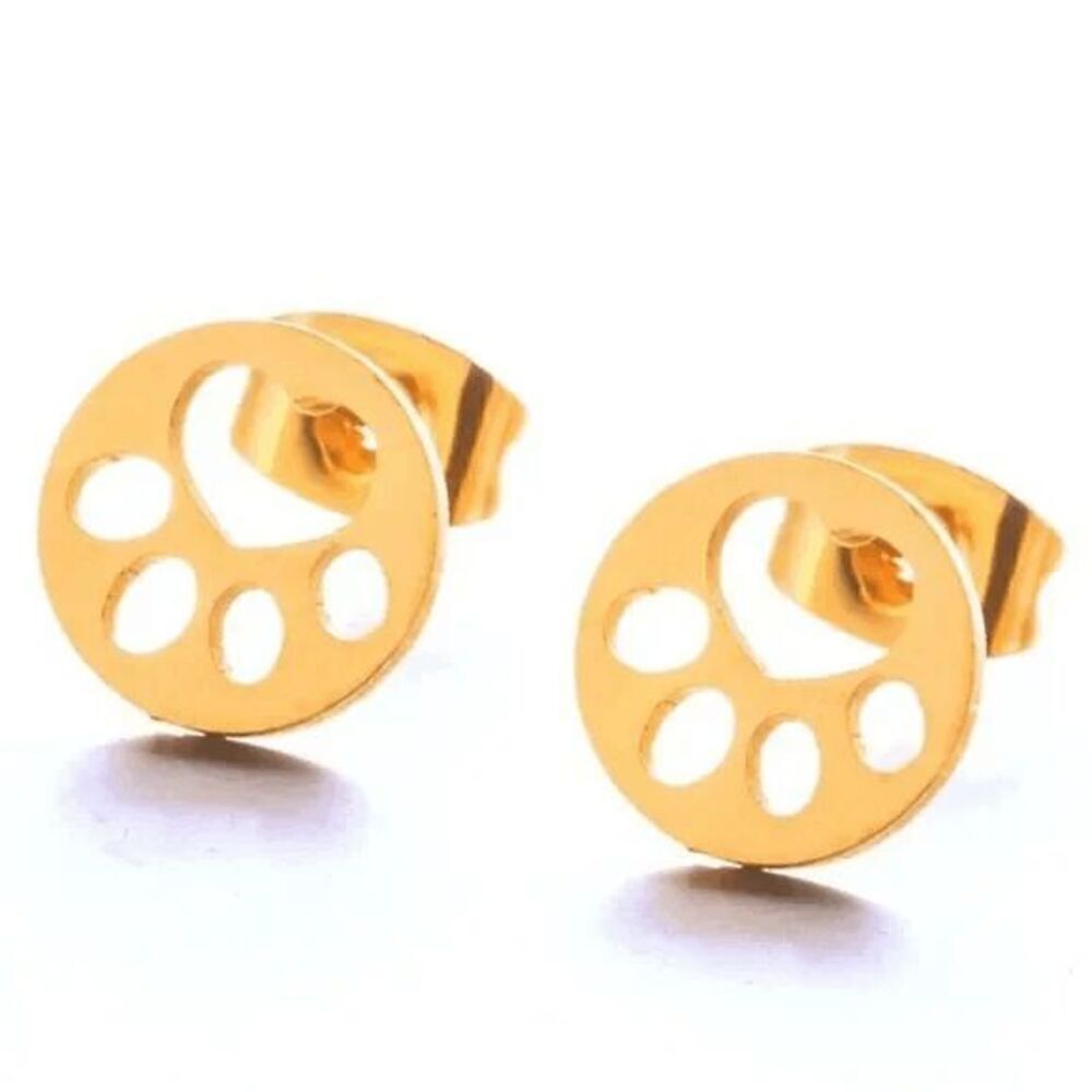 Ladies Gold Paw Print Stud Earrings